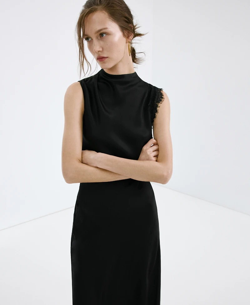 Mango Women's Lace Details Satin Dress