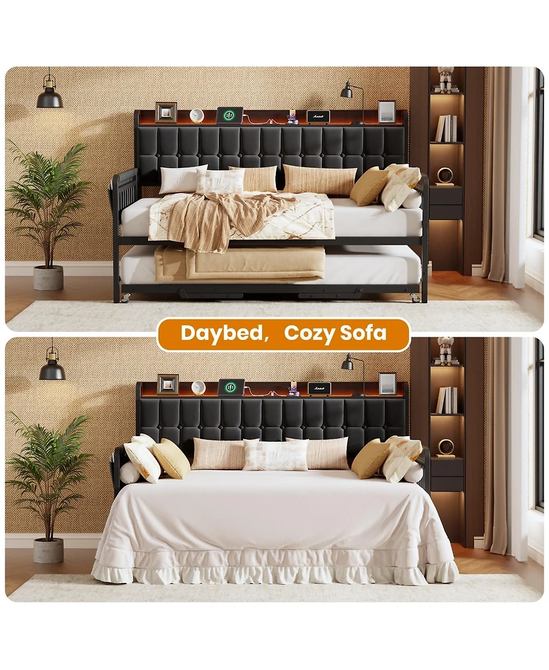 homfan Upholstered Twin Daybed with Trundle, Led Lights, Charging Station and Storage Headboard, Metal Slat Support