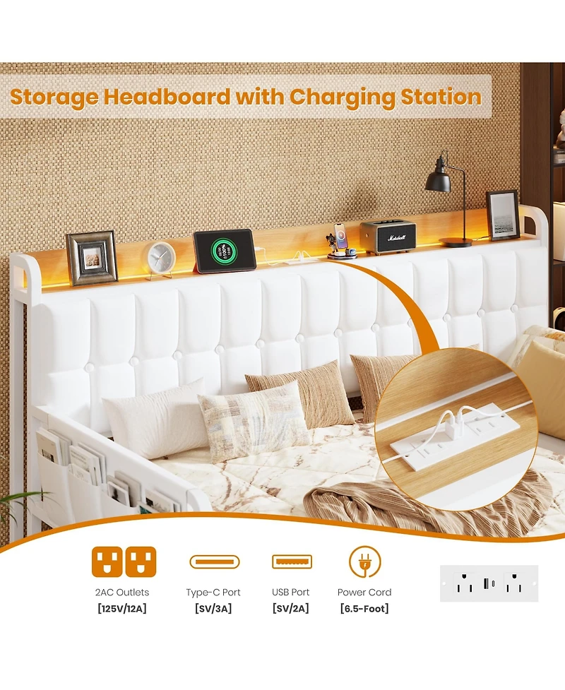 homfan Upholstered Twin Daybed with Trundle, Led Lights, Charging Station and Storage Headboard, Metal Slat Support