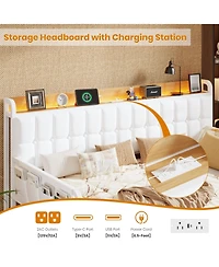homfan Upholstered Twin Daybed with Trundle, Led Lights, Charging Station and Storage Headboard, Metal Slat Support