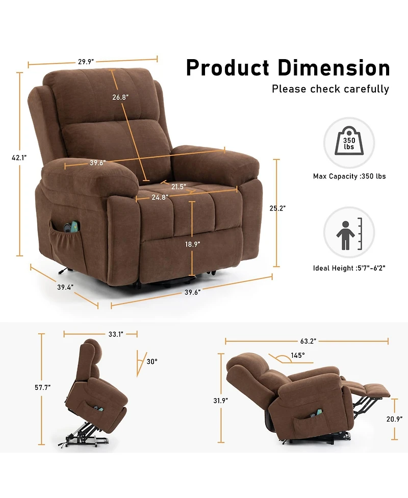Dyhome Power Lift Recliner with Massage and Heat, Upholstered Chenille Chair Dual Hidden Cup Holders Usb Port