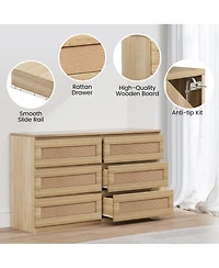 homfan Modern Wide 6 Drawer Rattan Dresser - Spacious Double Chest with Anti-Tip Kit Storage Solution for Bedroom, Living Room, Hallway