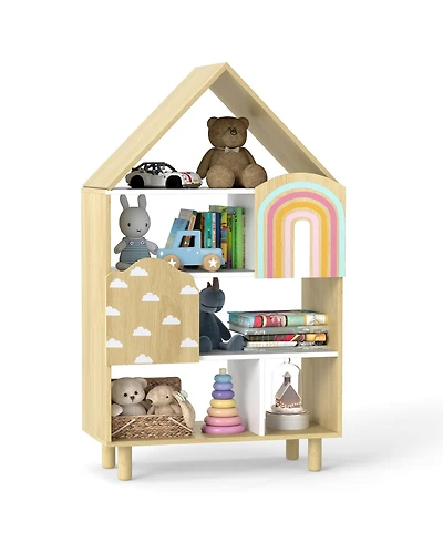 Gymax House-Shaped Kids Bookshelf 4-Tier Toy Storage Organizer with Open Compartments