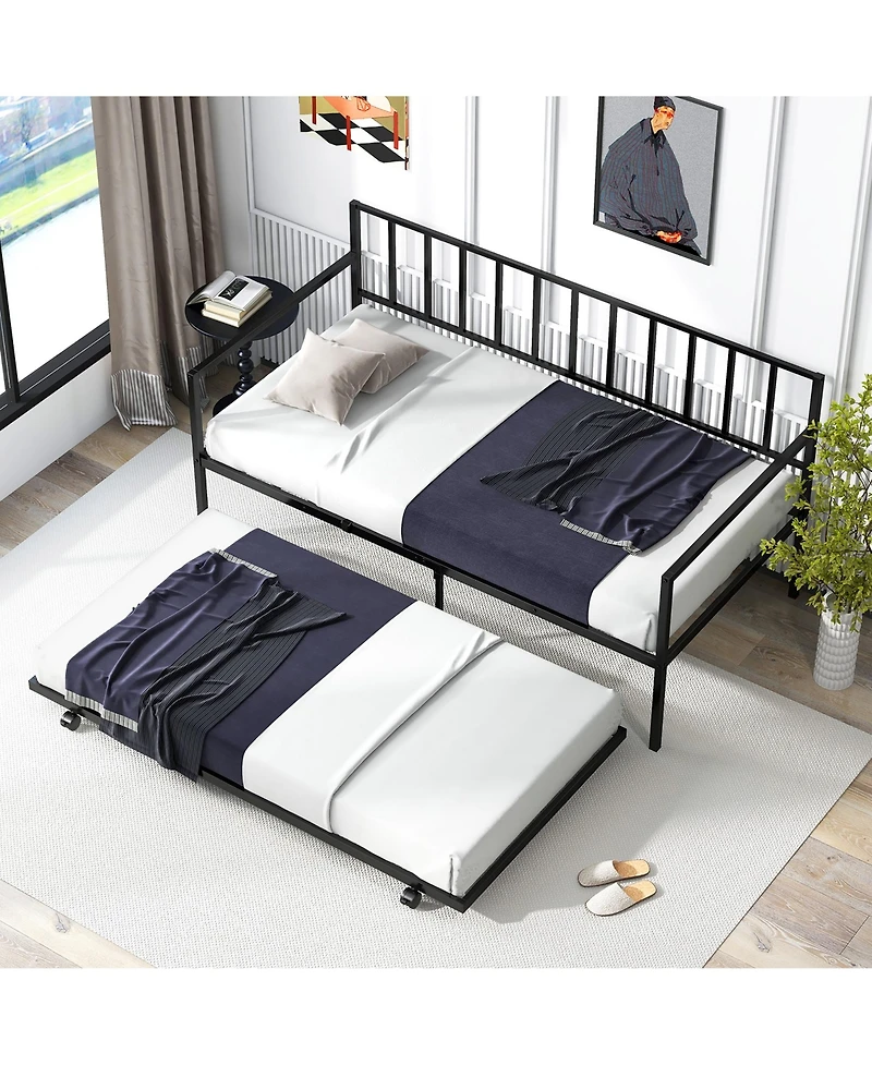 Gymax Twin Metal Daybed Sofa Bed with Trundle and Lockable Casters for Living Room
