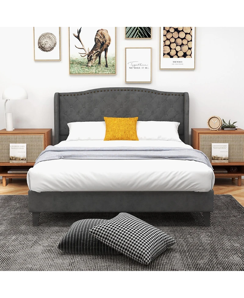 Gymax Full Upholstered Platform Bed Frame With Button Tufted Headboard Wooden Slats