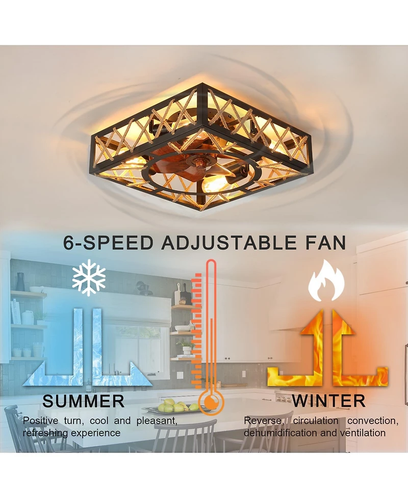 Clihome Farmhouse Rustic Ceiling Fan, Square Caged Industrial Ceiling Fixture with 6 Speeds