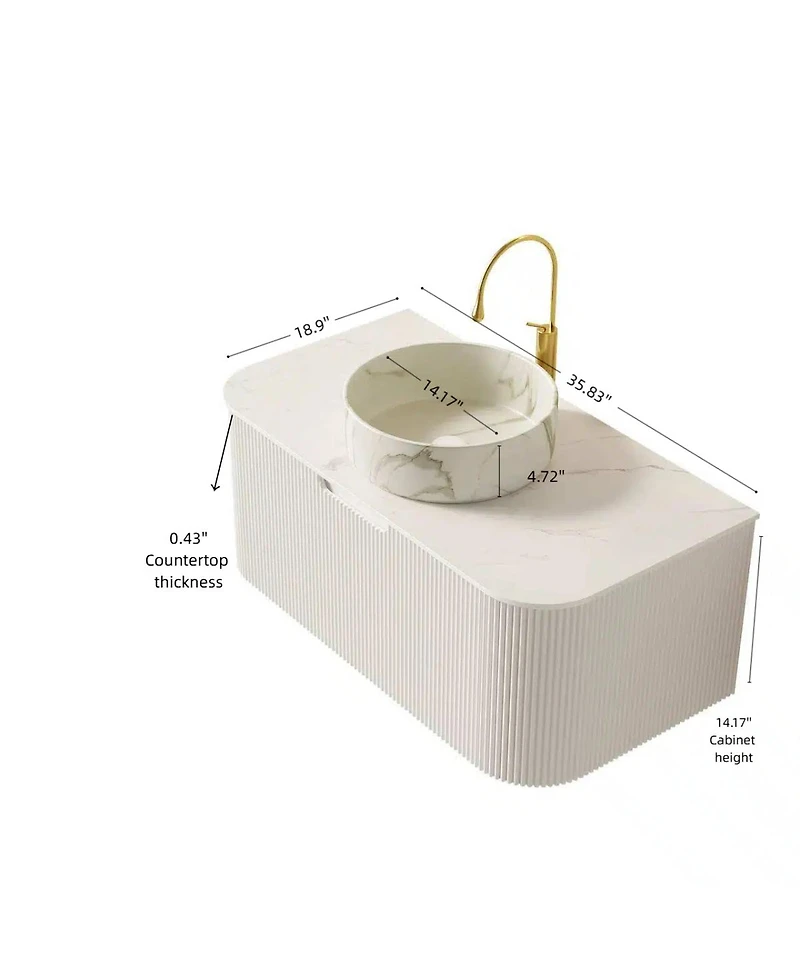 Sillysis Wall Mounted Bathroom Vanity with White Sintered Stone Top, Round Ceramic Bowl Sink, Pre-assembled