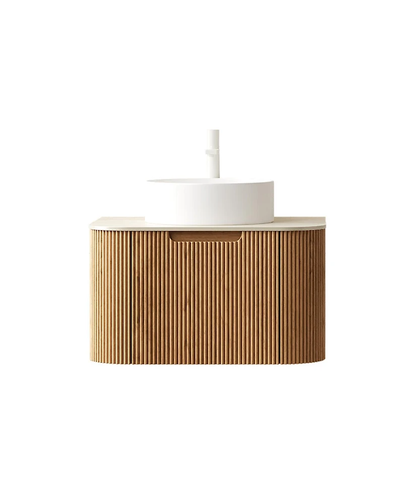 Sillysis Wall Mounted Bathroom Vanity with Sintered Stone Top, Round Ceramic Vessel Sink, Wood Grain Drawer