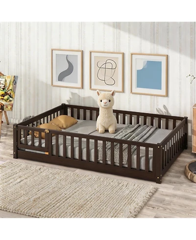 Sailvan Floor Bed with Fence and Door, Solid Wood Kids Platform Frame
