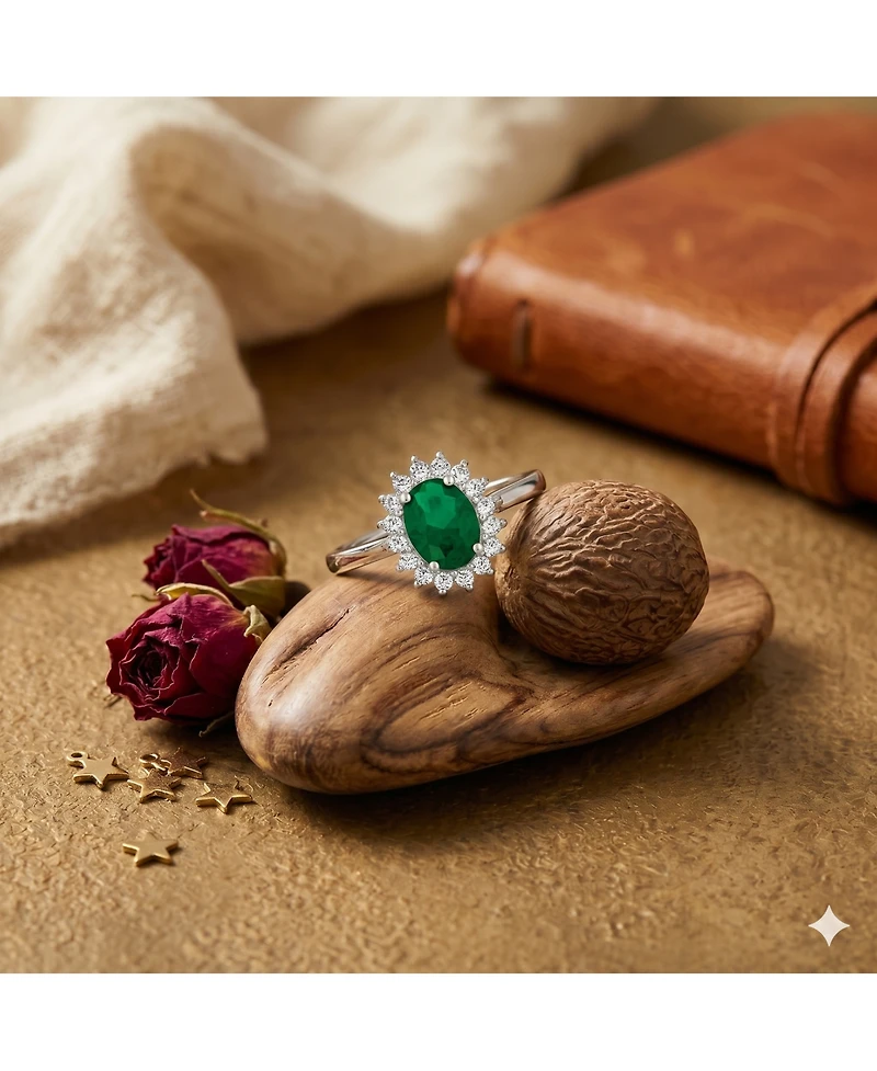 Simona Elegant Oval Emerald Halo Cz Flower Design Ring