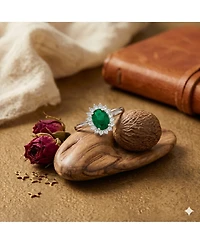 Simona Elegant Oval Emerald Halo Cz Flower Design Ring