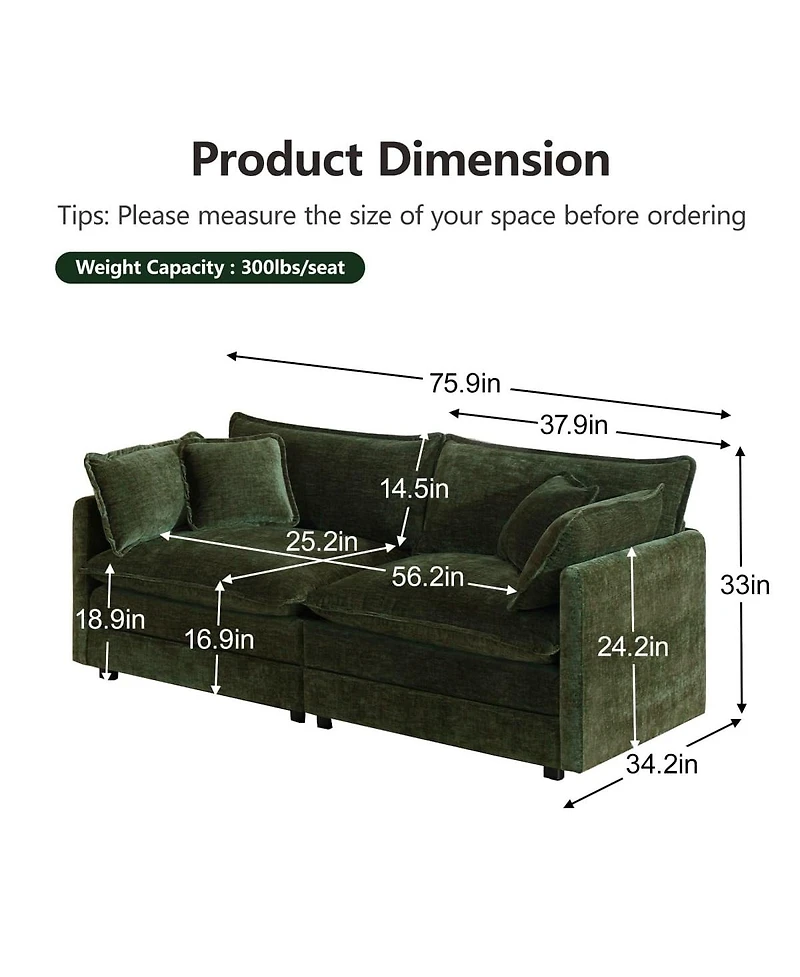 Maison Boucle 75.9'' Chenille Loveseat Sofa, Deep Seat 2 Seater, Solid Wood Frame