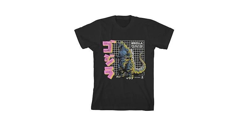 Godzilla Boys Grid & Kanji Crew Neck Short Sleeve Black T-shirt-xl