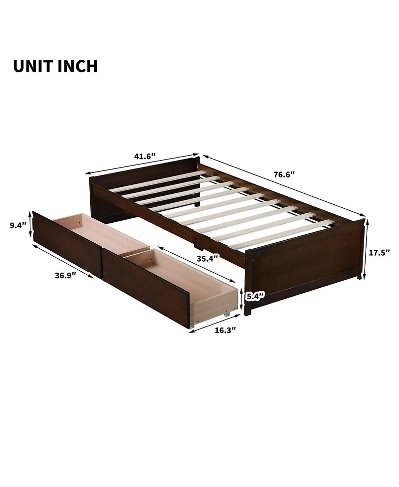 Clihome Bed with 2 Drawers, Solid Rubber Wood