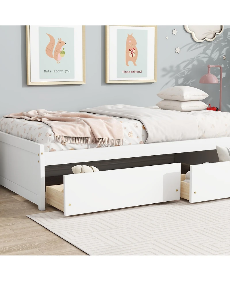 Clihome Bed with 2 Drawers, Solid Rubber Wood