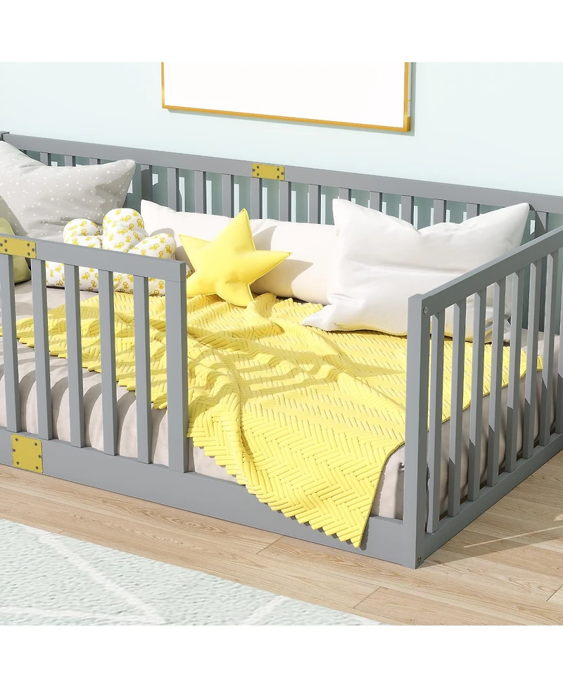 Sailvan Bed with High Fence Railings, Solid Rubber Wood Kids Platform Bed Frame