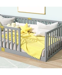 Sailvan Bed with High Fence Railings, Solid Rubber Wood Kids Platform Bed Frame