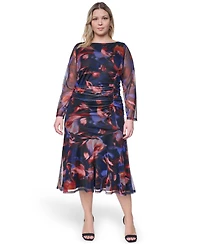 Vince Camuto Plus Printed Side Ruched Mesh Midi Dress