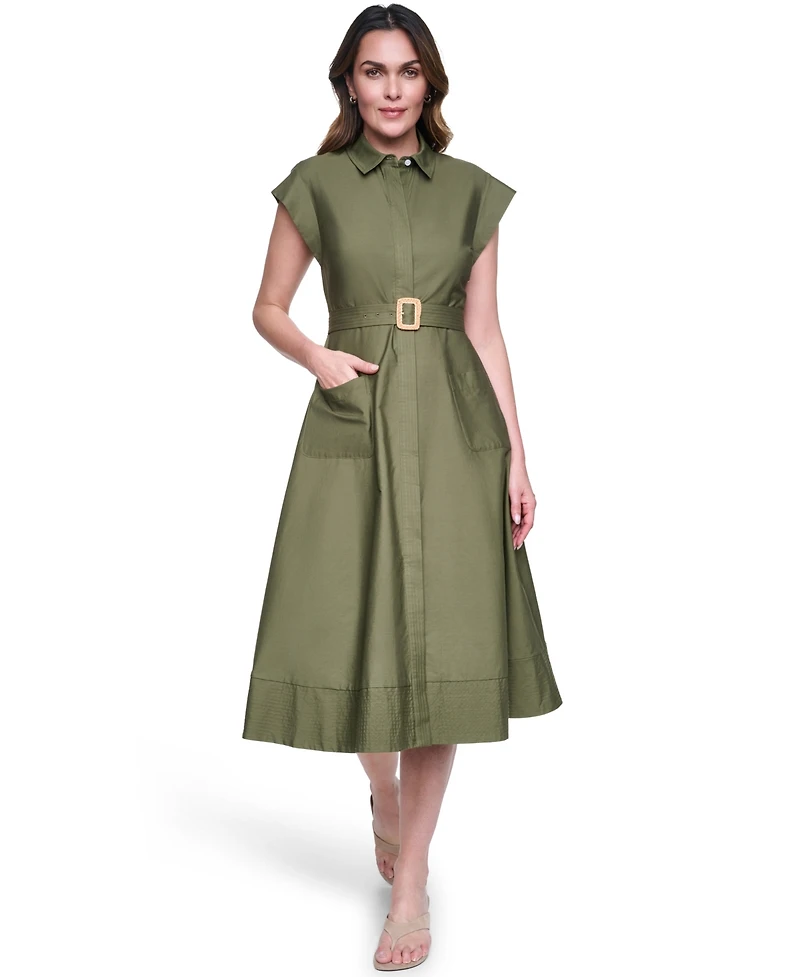 Eliza J Petite Trapunto Stitch Collared Button Down Midi Shirt Dress