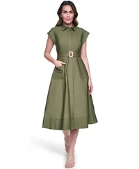 Eliza J Petite Trapunto Stitch Collared Button Down Midi Shirt Dress