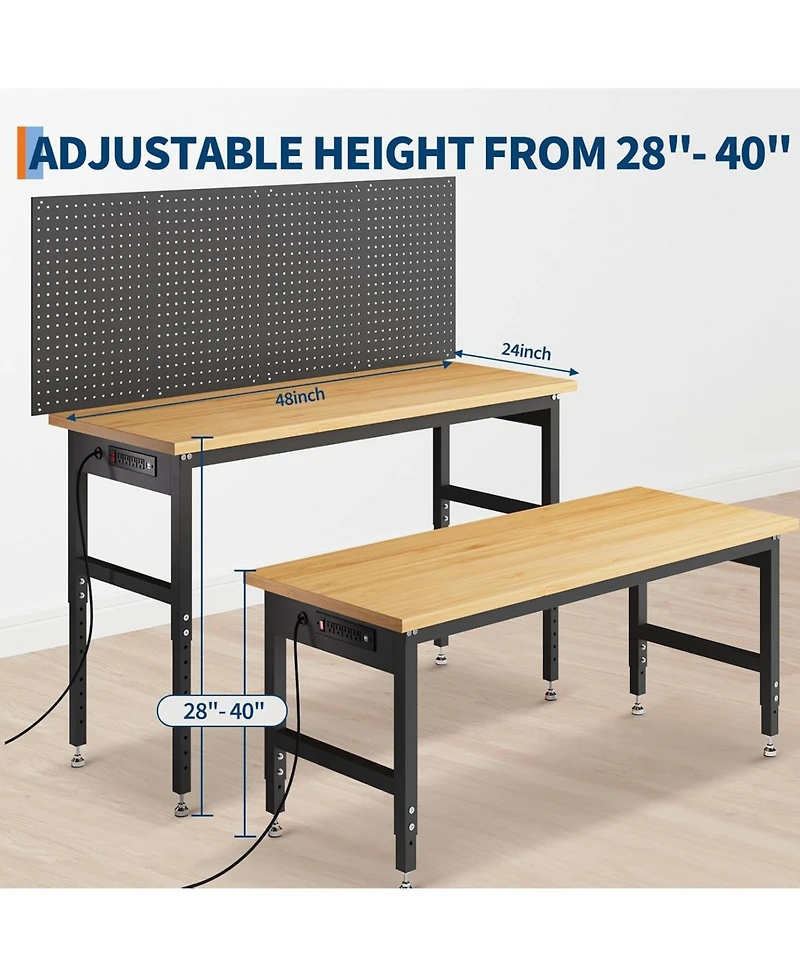 48" Heavy Duty Adjustable Workbench with Pegboard,2000 Lbs Capacity, Manual Height 28-40" Garage Work Table for Workshop, Home