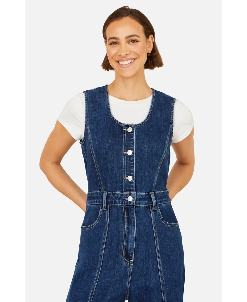 Yumi Women's Denim Stretch Fitted Jumpsuit