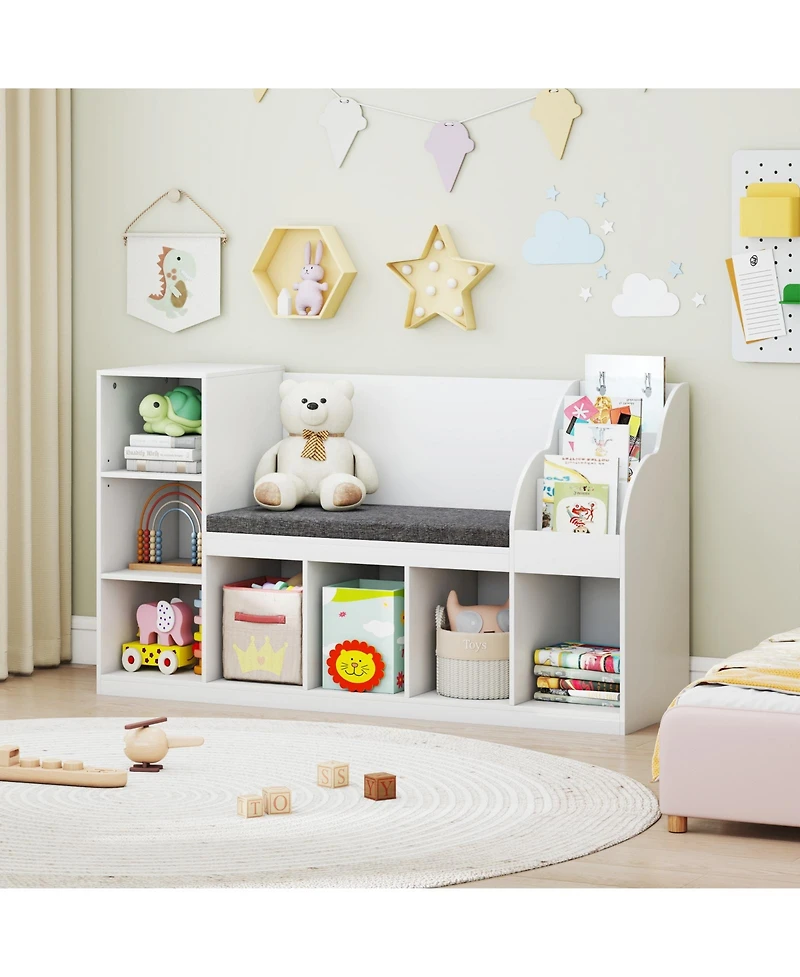 Gymax Wooden Kids Bookshelf w/Reading Nook Padded Seat Open Cubes Adjustable Shelf