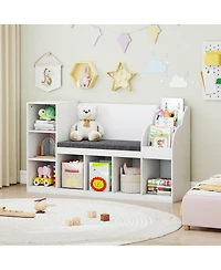 Gymax Wooden Kids Bookshelf w/Reading Nook Padded Seat Open Cubes Adjustable Shelf