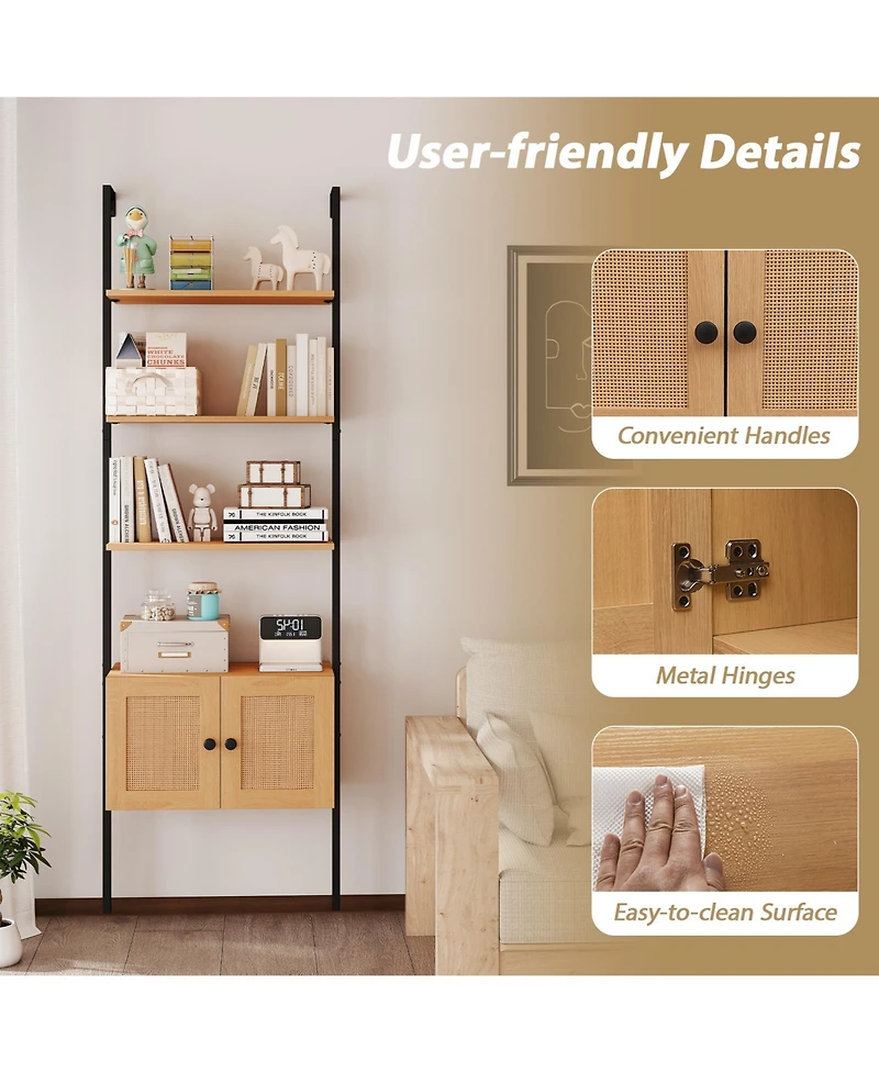 Gymax Wall-Mounted Ladder Shelf 5-tier Bookshelf w/ Rattan-Door Cabinet Display Rack