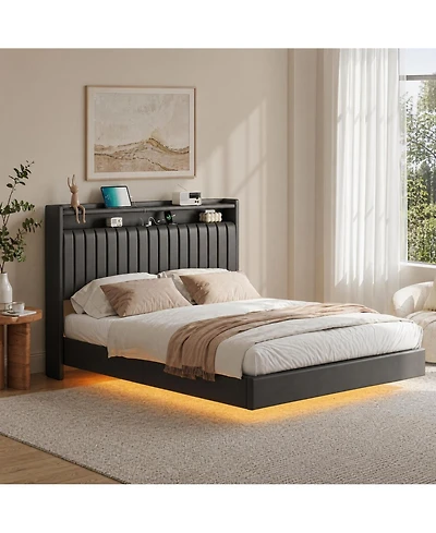 homfan Floating Platform Bed Frame with Hidden Legs, App-Controlled Rgb Led Lighting, Headboard Shelf and Charging Station, No Box Spring Needed