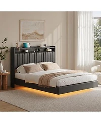 Homfan Floating Platform Bed Frame With Hidden Legs App Controlled Rgb Led Lighting Headboard Shelf Charging Station No Box Spring Needed