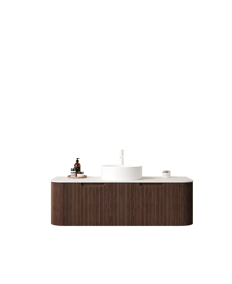 Sillysis Wall Mounted Bathroom Vanity with Sintered Stone Top, Round Ceramic Vessel Sink, Walnut Striped Drawer, Pre-assembled
