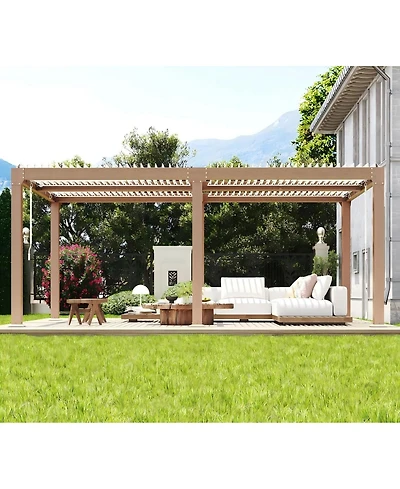 gaomon Adjustable Aluminum Louvered Pergola Reinforced Rustproof Frame Hardtop Gazebo with Integrated Drainage Wood Grain Finish All-Weather Outdoor