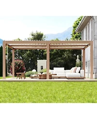 gaomon Adjustable Aluminum Louvered Pergola Reinforced Rustproof Frame Hardtop Gazebo with Integrated Drainage Wood Grain Finish All-Weather Outdoor