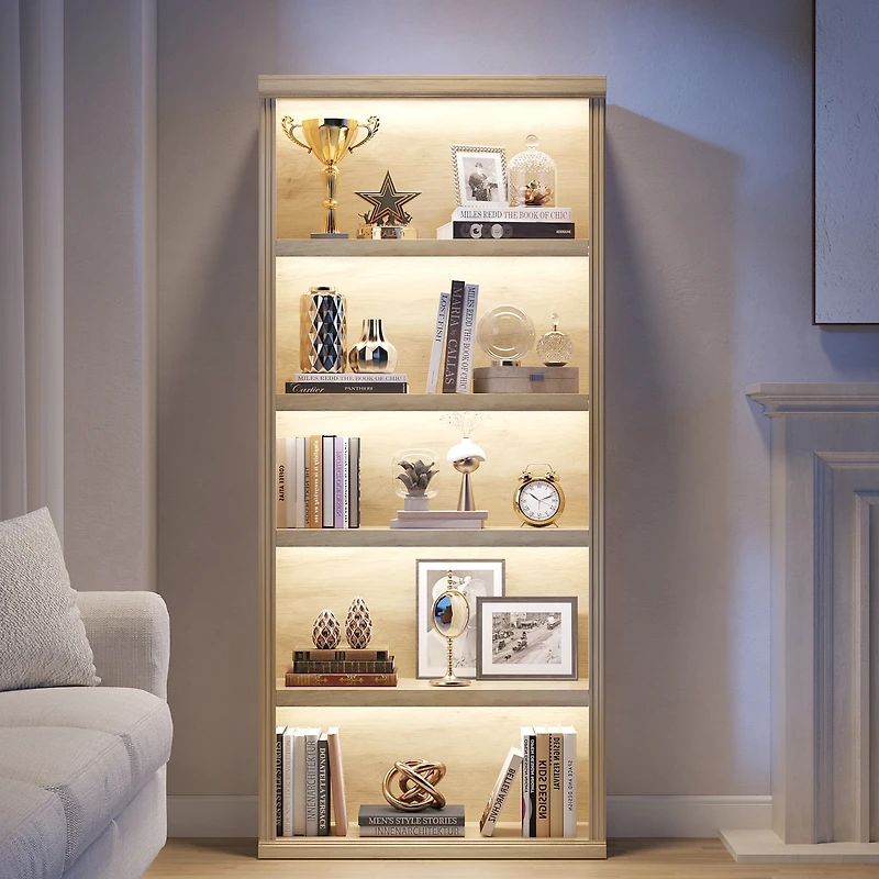 Vlsrka 71" Tall 5-Tier Bookcase, Open Display Shelf with 3-Color Motion Sensor Lights