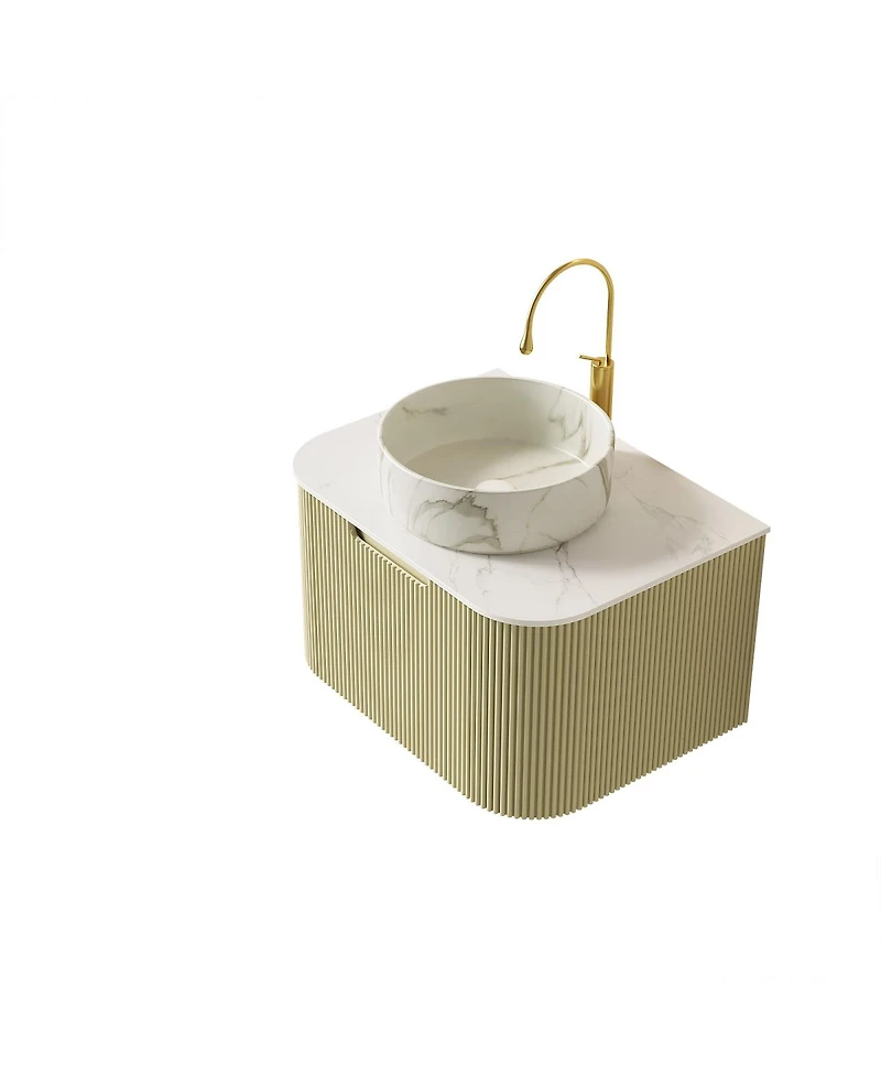 Sillysis Wall Mounted Bathroom Vanity with Sintered Stone Top, Round Ceramic Basin, Stripe Drawer Panel