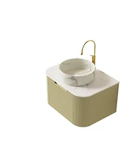 Sillysis Wall Mounted Bathroom Vanity with Sintered Stone Top, Round Ceramic Basin, Stripe Drawer Panel