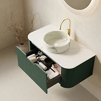 Sillysis Wall Mounted Bathroom Vanity with Sintered Stone Top, Round Ceramic Basin, Stripe Drawer Panel, Pre-assembled