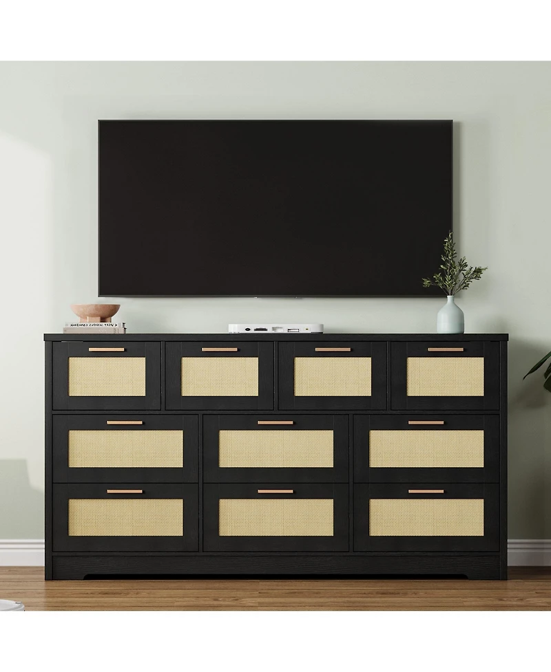 homfan 10 Drawers Dresser for Bedroom, Rattan Chest of with Spacious Tabletop and Handles, Closet Organizer Tv Stand Living Room
