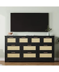 homfan 10 Drawers Dresser for Bedroom, Rattan Chest of with Spacious Tabletop and Handles, Closet Organizer Tv Stand Living Room