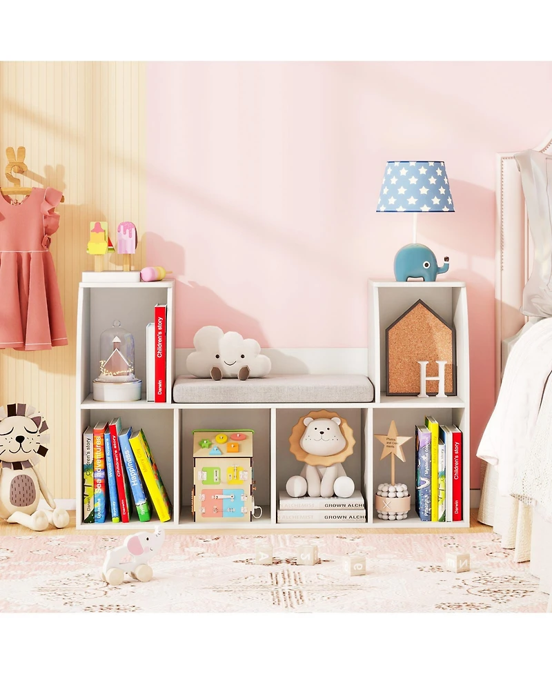Gymax 40''Kids Bookshelf with Reading Nook 6 Storage Cubbies and Seat Cushion for Playroom