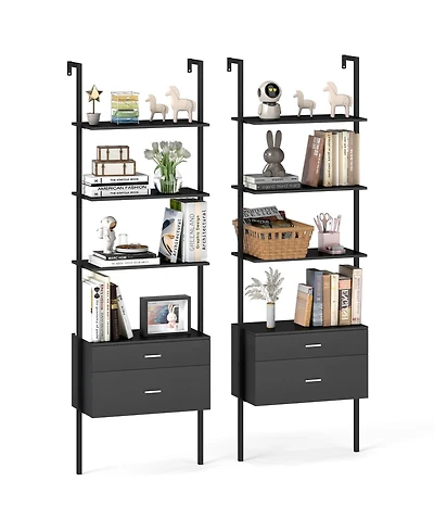 Gymax 2 Pcs Ladder Bookshelf With Storage Wall Mount Bookcase With 4 Open Shelves