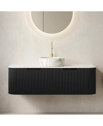 Sillysis Wall Mounted Bathroom Vanity with Carrara Sintered Stone Top, Round Ceramic Sink, Stripe Drawer, Pre-assembled