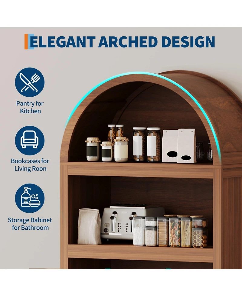 gaomon Modern Arched 71" Bookcase Cabinet - 5-Tier Wooden Pantry with Adjustable Shelves, Mid-Century Doors, Open Display for Dining Room