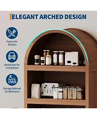 gaomon Modern Arched 71" Bookcase Cabinet - 5-Tier Wooden Pantry with Adjustable Shelves, Mid-Century Doors, Open Display for Dining Room