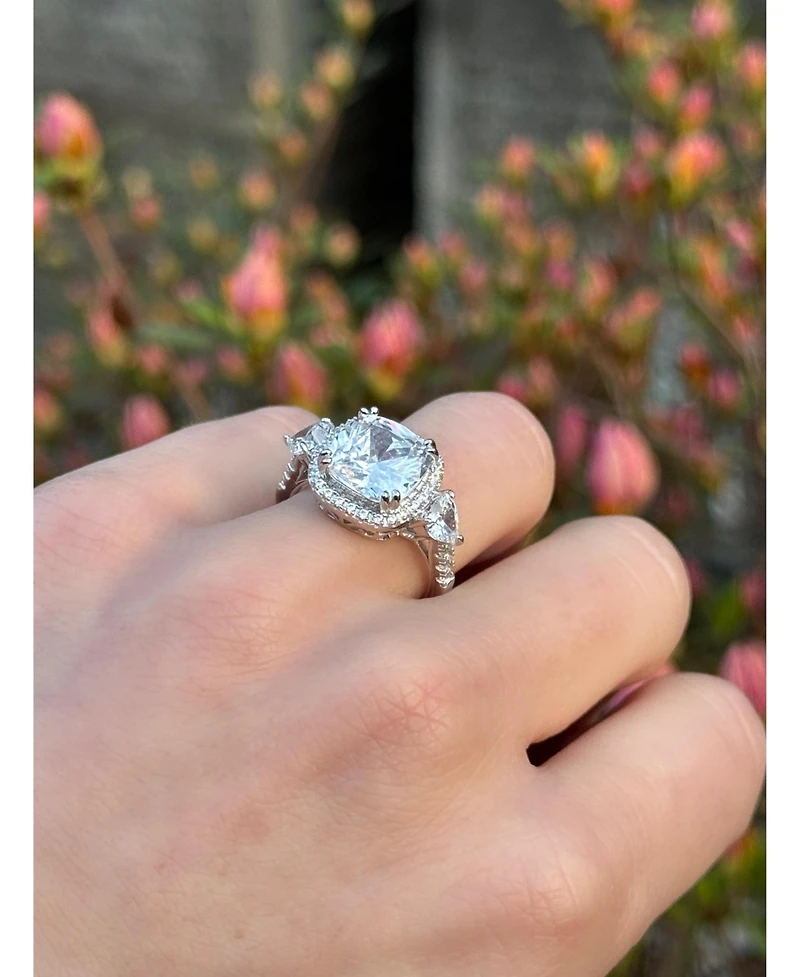 Suzy Levian Sterling Silver Cushion Cut White Cubic Zirconia Halo Bridal Ring