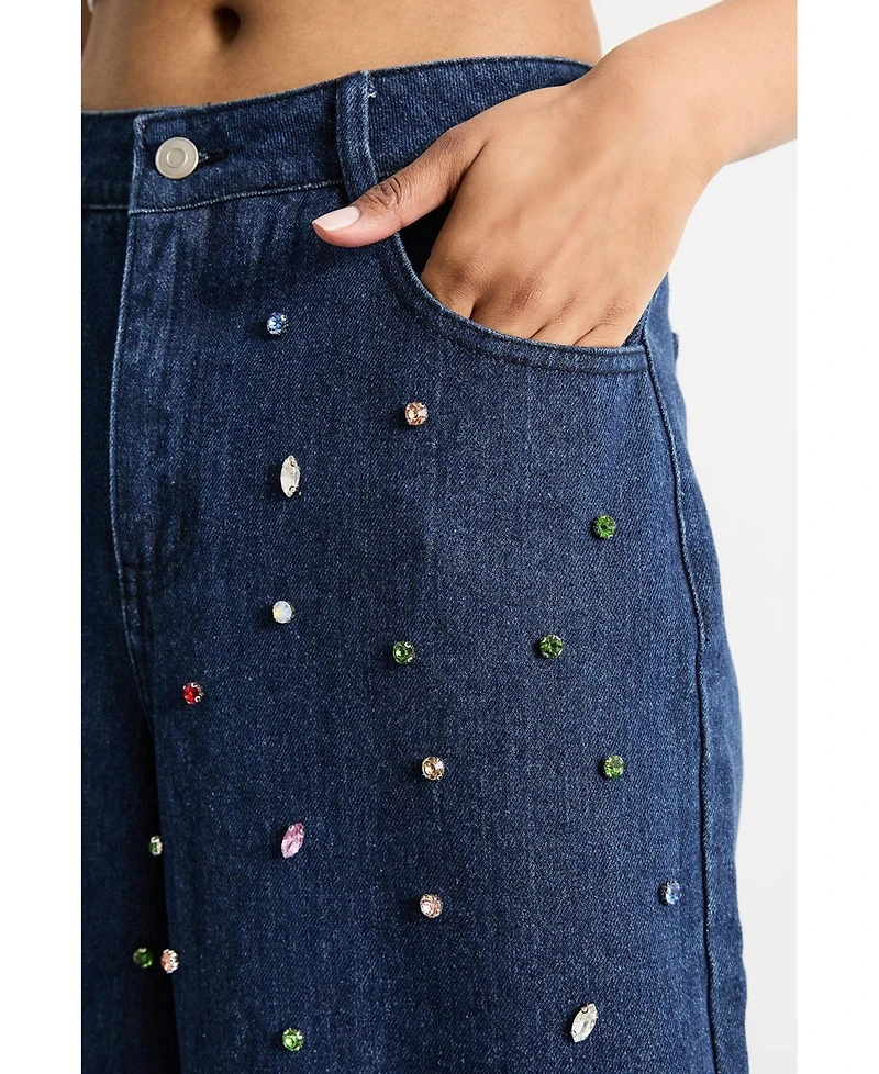 Warehouse Women's Hotfix Embellished Wide Leg Jean