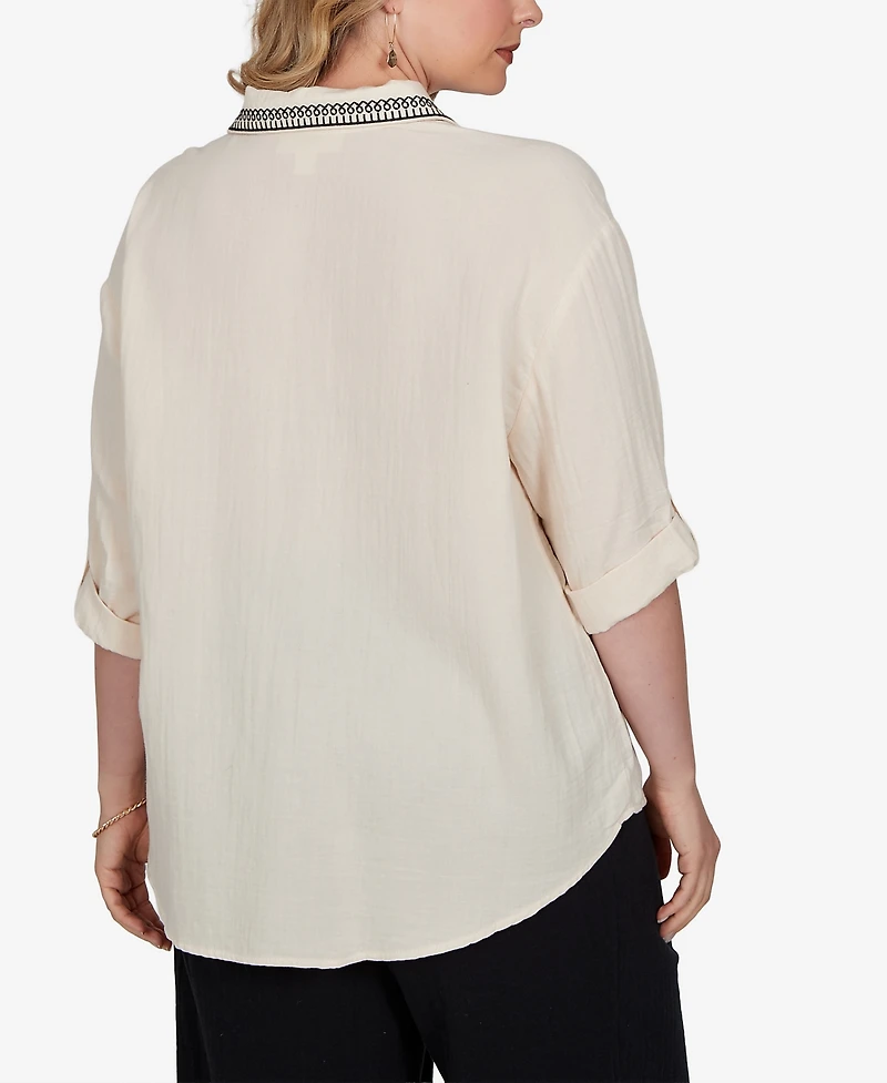 Ruby Rd. Plus Embroidered Gauze Button Front Top