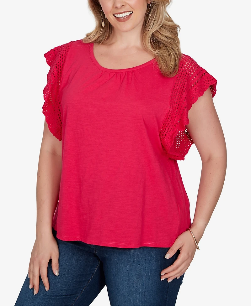 Ruby Rd. Plus Crochet Sleeve Solid Cotton T-Shirt