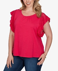 Ruby Rd. Plus Crochet Sleeve Solid Cotton T-Shirt